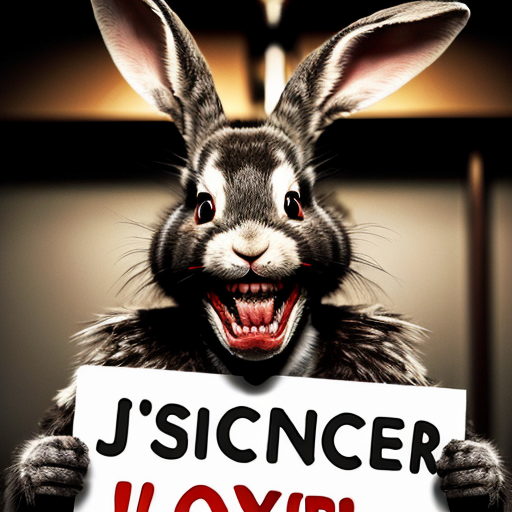 European rabbit, red glaring eyes, sharp teeth and fur, holding a sign, angry face, joker smile
