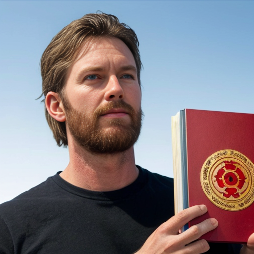 God in heaven 
holding a book with seven red seals on it and John looking up at him
