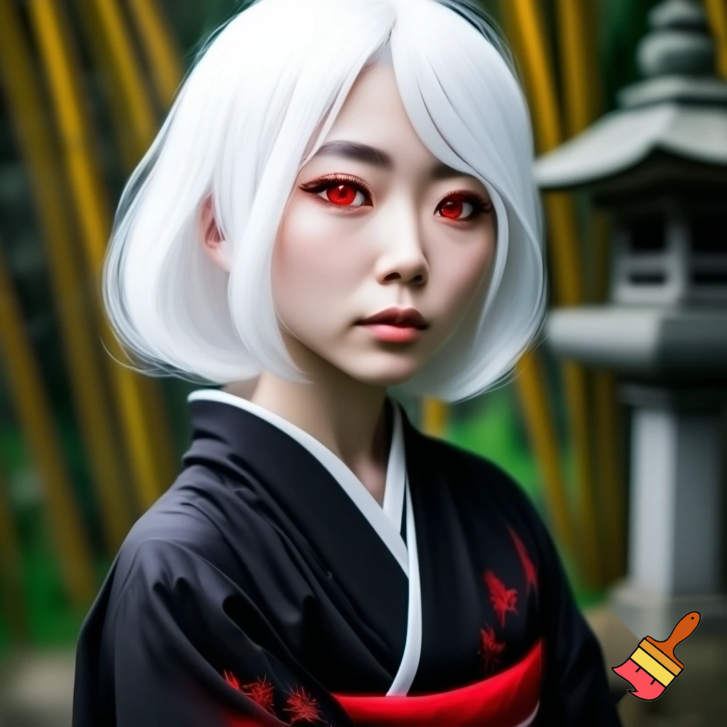 anime girl with white hair and red eyes and cultural japonese clothes black