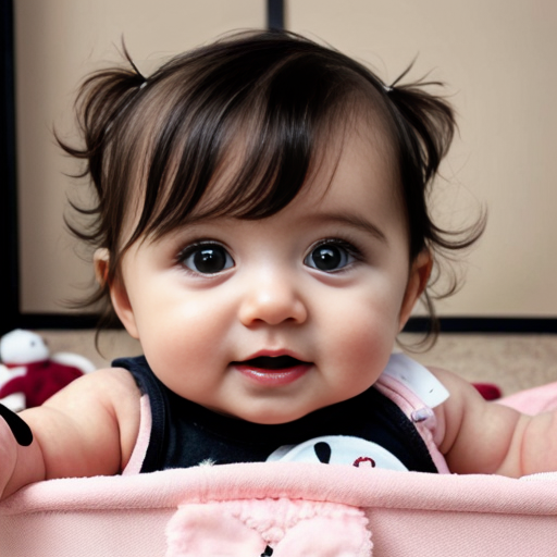 make a 1-year-old baby girl white and black mixed with brown curly hair in a pink baby room