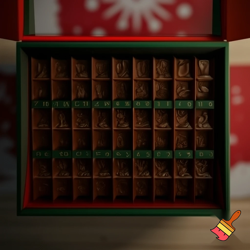 Chocolate advent calendar Numbers in the box a Christmas one hope the lead out how many days till Christmas? Christmas patterns countdown. 25.