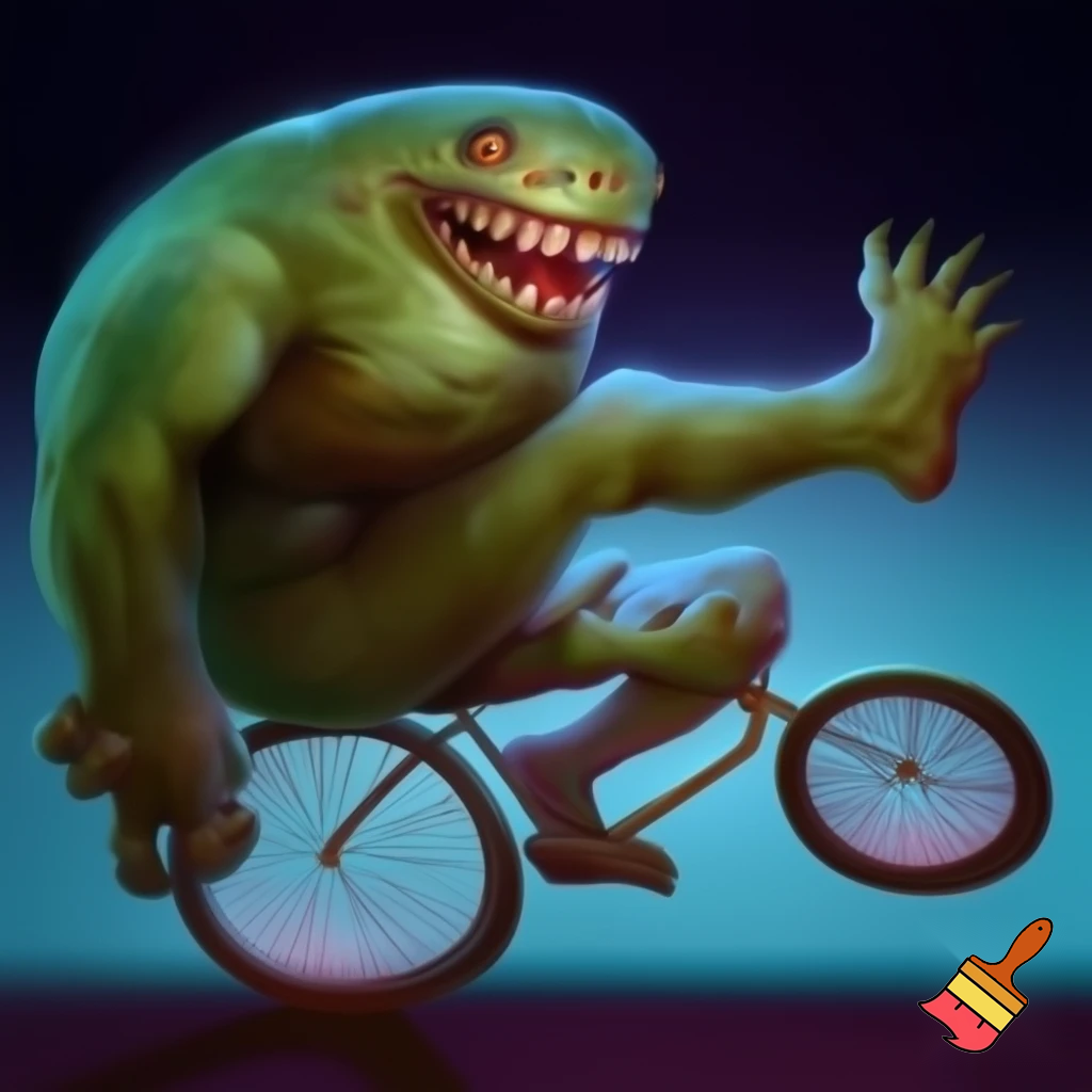 A large sexy monster riding a bicycle while being nude, legs spread dildo up her ass