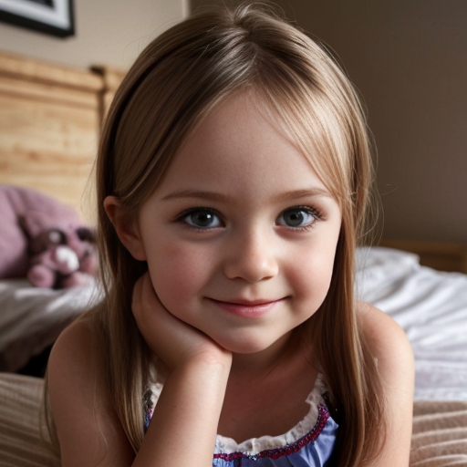 finnish little girl at night dress, very beautiful and eager, long brunette hair, on the bedroom, brown eyes, close up

