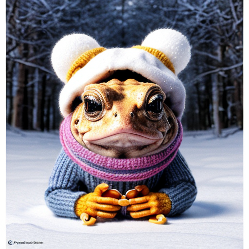 A laughable, puzzled animal toad in woolen, multicoloured winter clothings with woolen winter cap. Hyperrealistic art style.