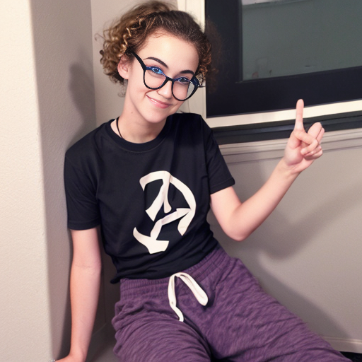 Realistic teenage girl with medium brown curly 2A hair, brown eyes, purple glasses, a dark grey t shirt with a white bow, black wide leg sweatpants and brown ugg shoes doing the peace sign with both hands and also doing the kissy face