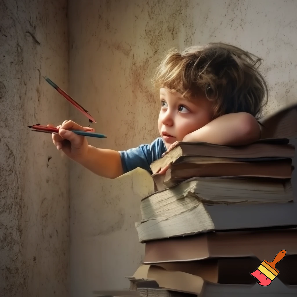 A child standing on a pile of books, holding coloring pencils in his hand, as he was drawing on the wall. Fear and astonishment are visible on his face, as if he has just seen someone about to scold him. The scene is detailed and realistic, with soft natural lighting, cinematic depth, and expressive emotions. Ultra-realistic, 4k, cinematic realism.