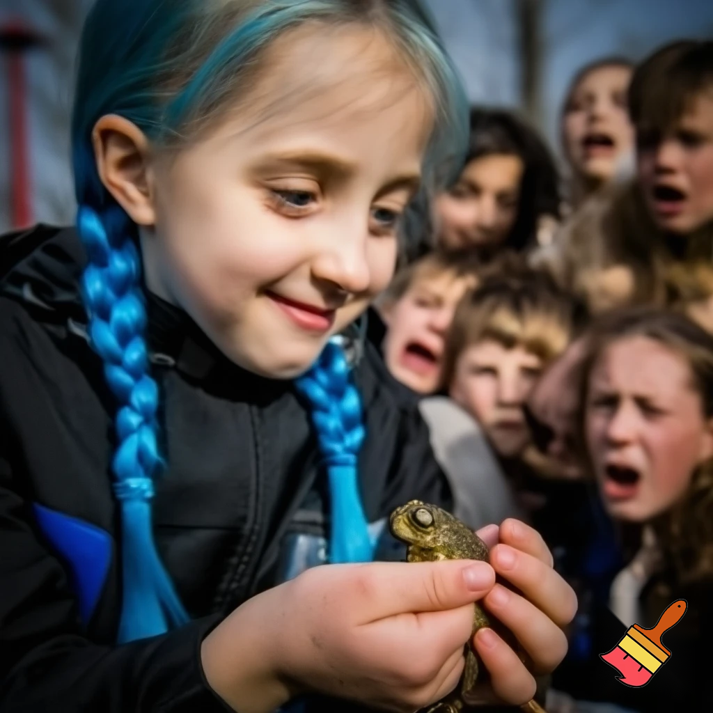 girl with blue braid and has a black jacket with blue eyes
with smile holding a frog all the people was scared of a frog the girl got bulliyed with boys and girls