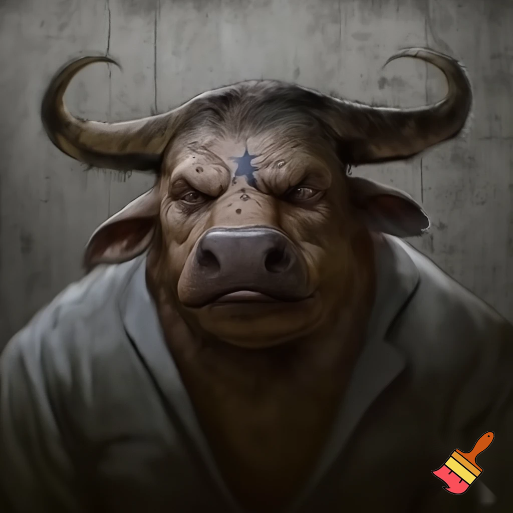 Water buffalo
deadly
feral
evil
guilty
face tattoo
prison outfit
mugshot