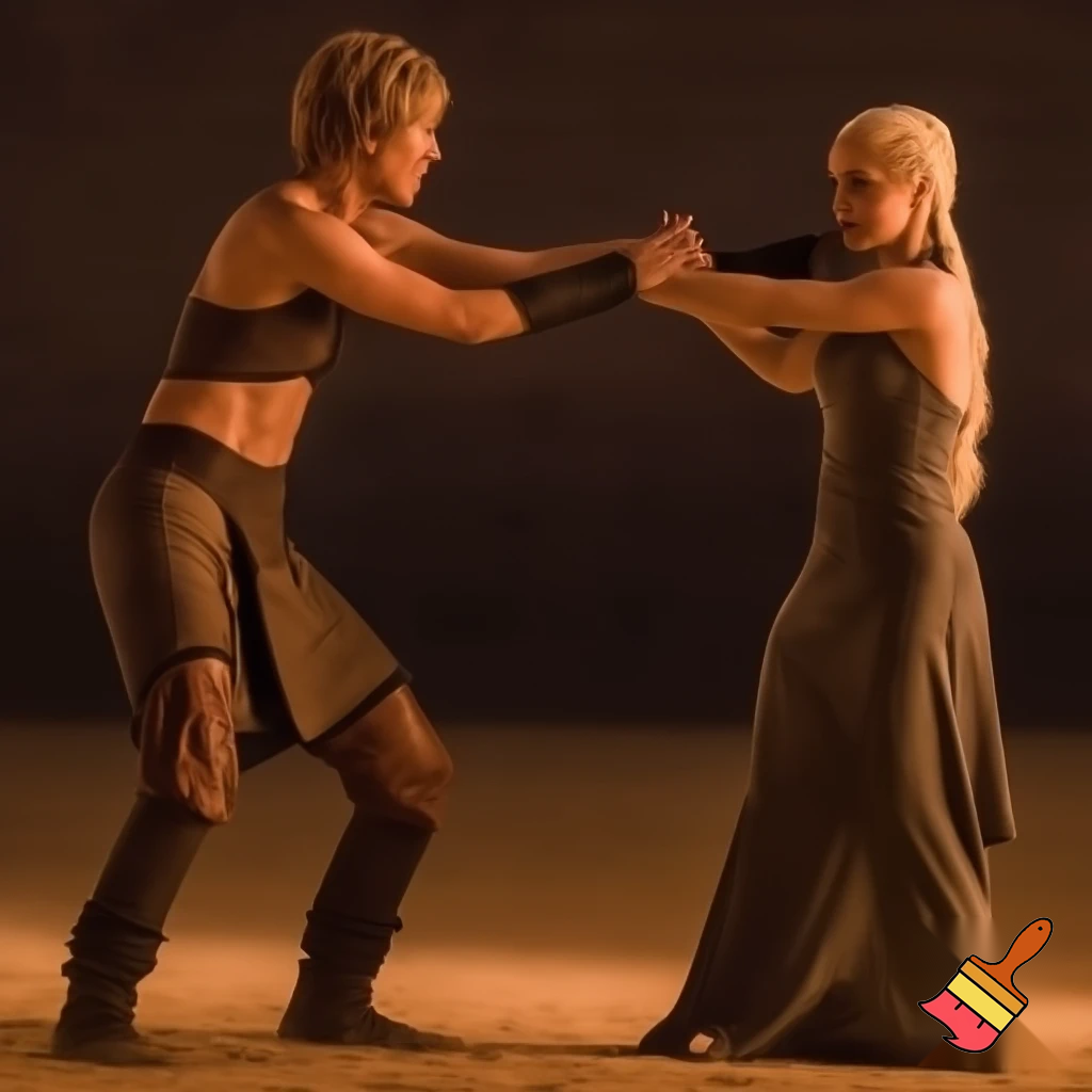 Daenerys Targaryen and Cersei Lannister fighting in the desert , Cersei Lannister is under Daenerys and losing. Both are naked and all sweaty 
