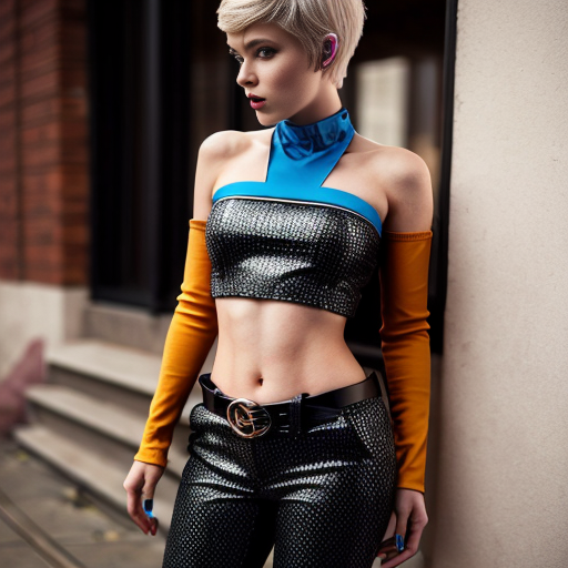 Attractive woman with an ash blonde pixie cut and a slim build wearing bold makeup wearing a cropped jacket, a bandeau top, cigarette pants with a belt and peep toe chunky heels 
