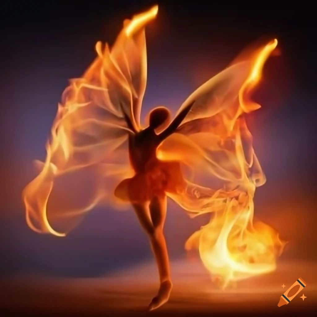 A realistic fire flame taking the shapes of a fairy with the arms dancing in the air