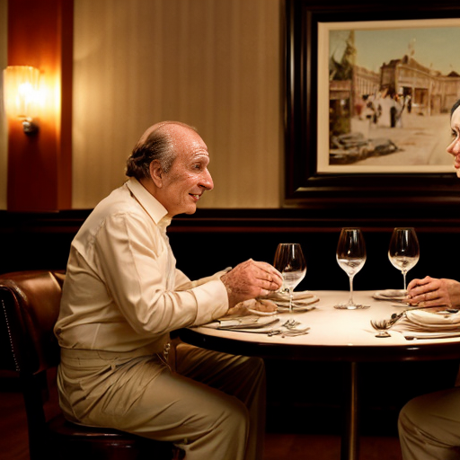 From a comedy film from the 1970s: In a luxury restaurant: An elegant couple is sitting at a table eating dinner. An elegantly dressed, very elderly and stocky waiter stands next to the table and addresses the couple. Elegant ambience, subdued lighting, comical atmosphere.