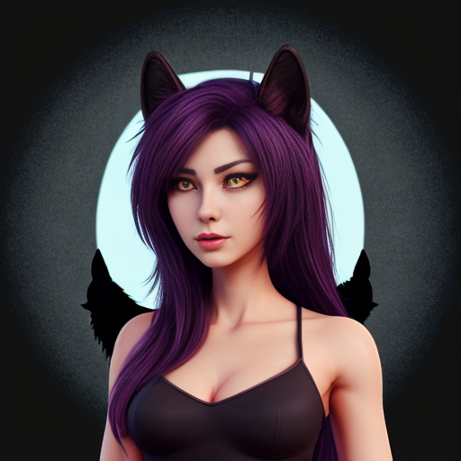 Anthropomorphic female black wolf with long pretty hair and purple eyes 