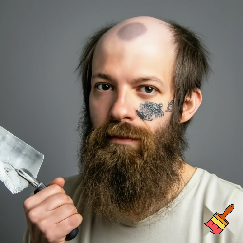 Génère moi une photo pour une carte d'identité d'une personne blanc avec un maillot du Portugal, une grosse barbe marron, une truelle dans la main droite, des cheveux marrons avec une grosse calvitie, un tatouage d'un brainrot sur la joue