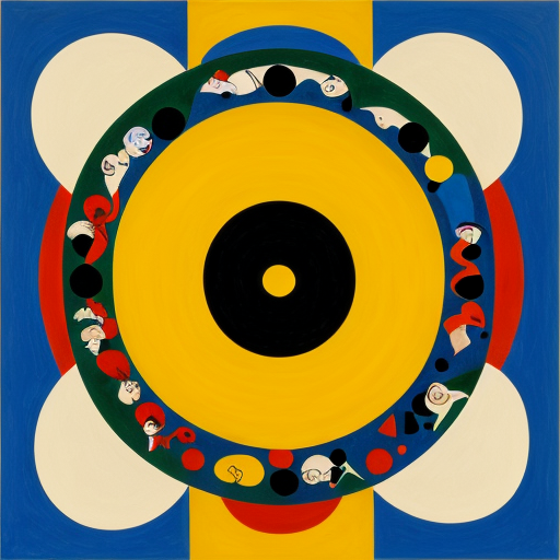 Put surreal Features in a circle consisting of multiple abstract figures in  Miro  and Matisse style