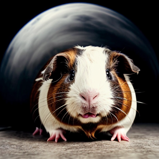 teddy the guinea pig is round in an epic pose with Elbrus on its back as part of its body, with blue neon eyes and atomic breath in the clouds and thunderstorm, with cinematic lighting for drama