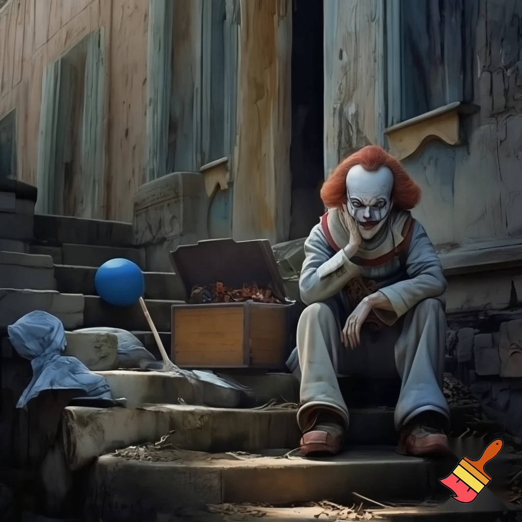 A sad clown sitting on a stone staircase in front of a dilapidated old house in shades of gray, holding his cheek in despair, with a sorrowful smile on his face. Beside him, there is a box containing circus props. The scene is bathed in soft natural light, creating a calm and melancholic atmosphere, with cinematic depth and detailed textures. Ultra-realistic, 4k, cinematic realism.
