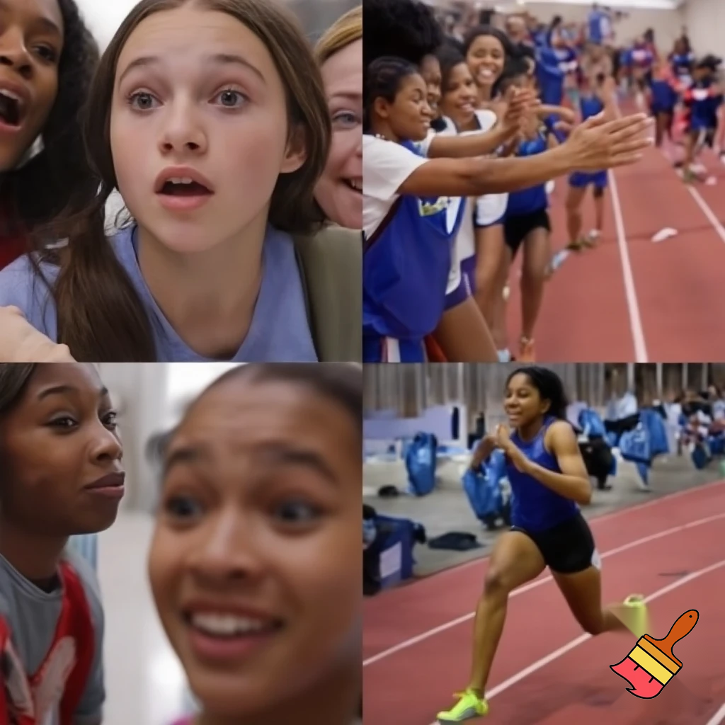 create a photo sequence (4 photos) in order. photo 1, a girl student is told by her teacher that she will compete in the schools 100 meter race. photo 2, the girl student is very nervous. photo 3, the girl gets encouragement from her classmates that she can do well in the 100 meter competition. photo 4, the girl competes and wins the 100 meter race.