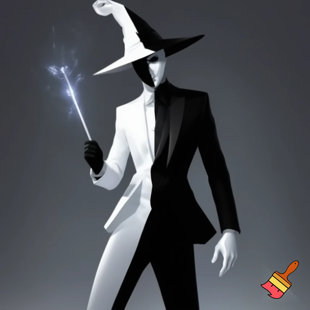 Person with white skin is wearing a white suit on one half of their body and black suit on the other half and half black mask and a wizzed hat and magic wand with black pants and black gloves