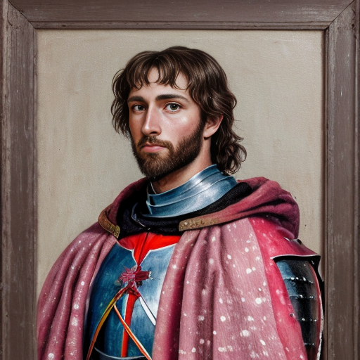 a weathered painting of a handsome knight, he is wearing a pink cloak with black spots