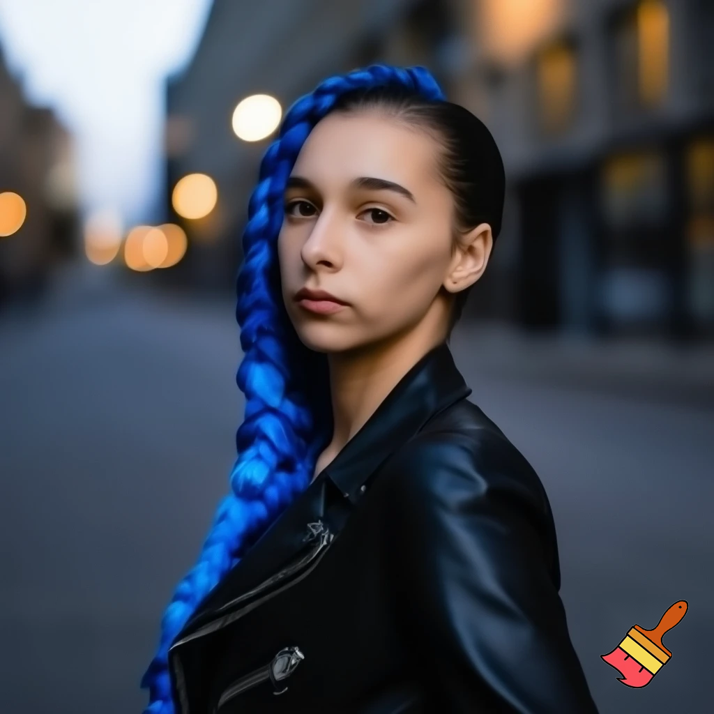 girl with blue braid and has a black jacket 