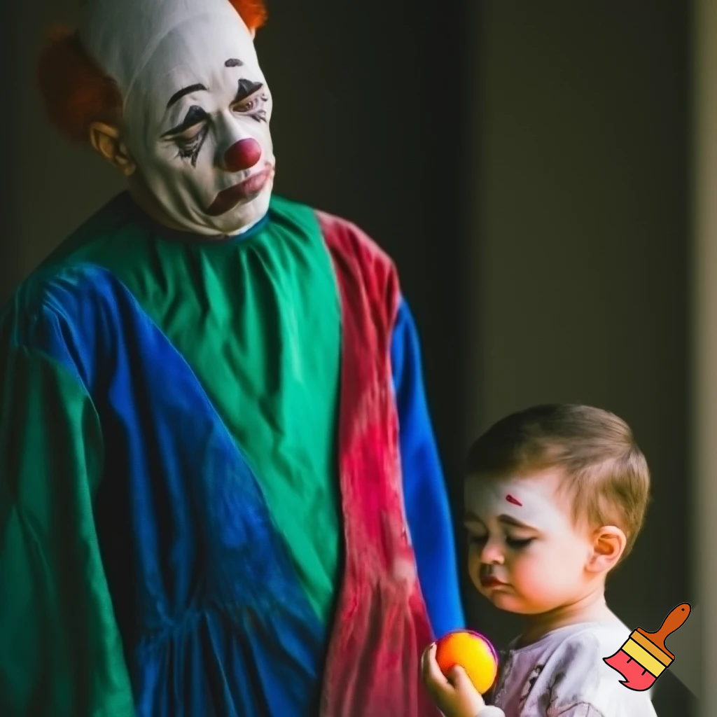 
A realistic full-body scene of a sad clown with detailed makeup and a colorful costume, standing quietly while a small child gently offers him a ball. The atmosphere is emotional, tender, and heartwarming, with natural lighting, detailed fabric texture, and cinematic realism.