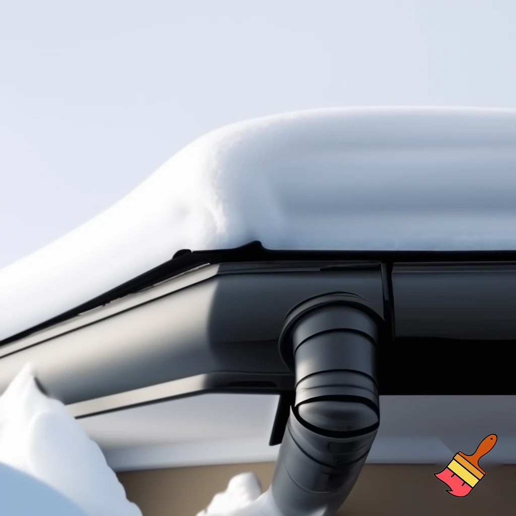 Create a realistic image looking up at the edge of a building with a low sloped curved roof that has snow accumulation on the roof surface. Show that the roof has a tube style snow retention barrier fastened along the roof edge above a drainage gutter that is mostly covered with accumulated snow.
