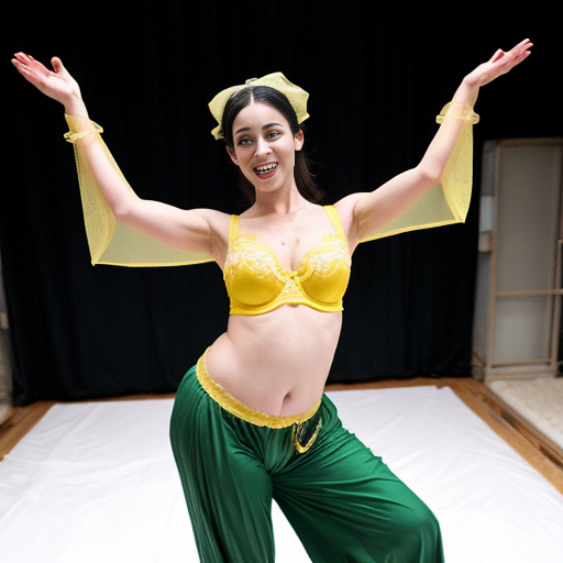 90's disney's 2d aladdin style comic black background and panels of panel 1 tiana with dark green harem pants and bra and curved slippers with both hand palms place together and hiding the bottom of her mouth with a dark green veil wrapped around her arms and attached to her head. 
panel 2 she danced with dark green harem pants barefoot with dark green bra and dark green curved slippers dark green veil wrapped around her arms and shoulders and raising legs and bounced up and down her belly and shook her hips left and right. 
panel 3 as tiana with dark green harem pants and bra and dark green curved slippers and spreading her arms, happily revealing her face to the viewer and giving a smile as she turns around shook her butt left and right. 
Panel 4 as tiana  with dark green harem pants and bra and dark green curved slippers started to fading away , except her belly, which is bouncing around. 
Panel 5 then the ball transforms into the fading in belly of snow white  with yellow harem pants and yellow bra and yellow curved slippers and a yellow veil wrapped around her arms and shoulders with her swaying her hips. 
Panel 6 snow white  with yellow harem pants, yellow bra, yellow curved slippers and yellow veil wrapped around her arms and shoulders gives a smile and winking her left eye 