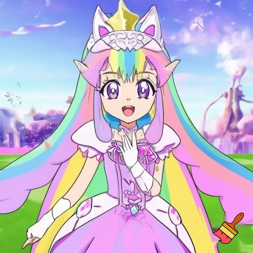 An anime magical girl with rainbow pastel hair and dress on a pastel fantasy field