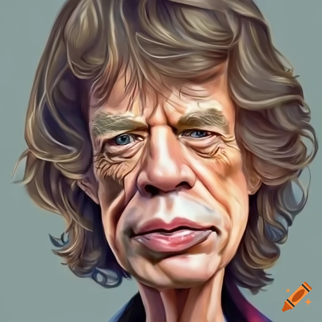 young Mick Jagger, Caricature, big head, small body, show a full body picture