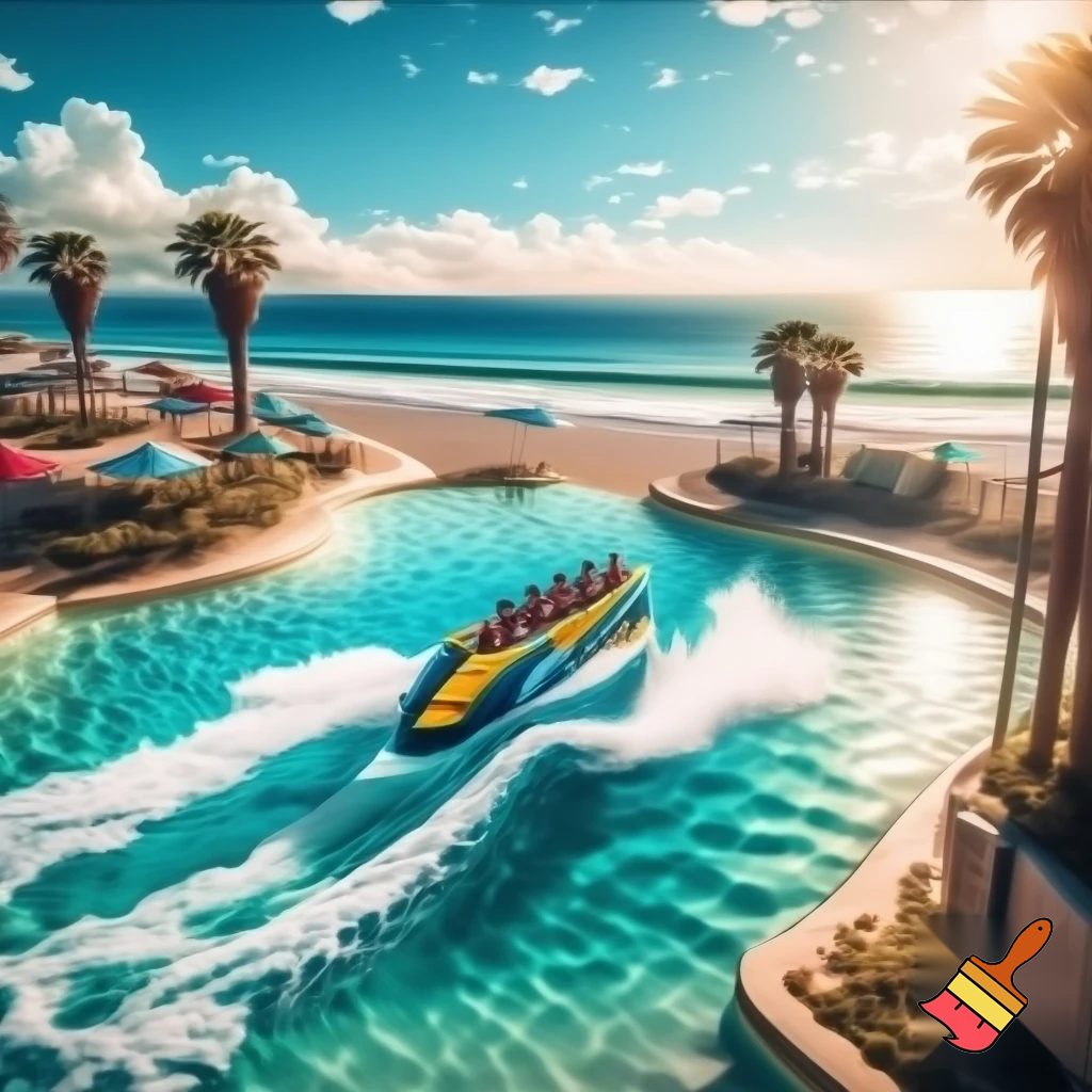 Create a realistic water boat theme park ride inspired in beachy Malibu with a fun vibe. Add path