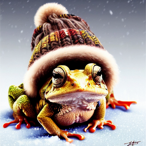 A laughable, puzzled animal toad in woolen, multicoloured winter clothings with woolen winter cap. Hyperrealistic art style.