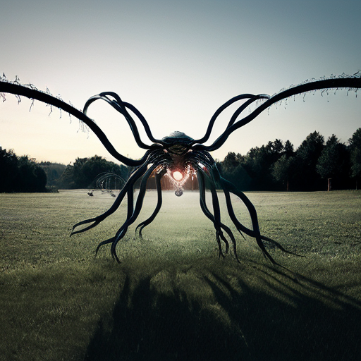 Central Object: A large, dark figure composed of an organic or alien Creature with several white, curved limbs (similar to a giant spider or the Mind Flayer monster from Stranger Things).
Style and Texture: The object appears to be made of a viscous substance that flows in protective streams downward, connecting with the ground.
Environment: The action takes place in an open space with green grass. In the background, a complex metal structure of intertwined tubes or wires is visible, reminiscent of scaffolding or an abstract installation.
Text: Large white text "FIELDWAVE" is superimposed in the center of the image, with the number "20ctrl
" just below. The font has a "cut" or glitchy effect, lending a digital or industrial aesthetic.