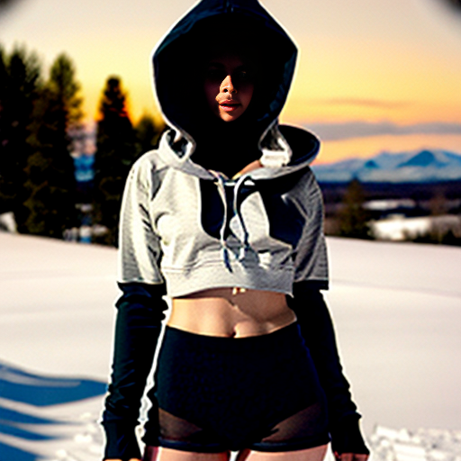 Cinematic, photorealistic full-body portrait of a young woman with dark hair, standing in a snowy field at dusk. She is positioned in a snowdrift. The atmosphere is cinematic with dramatic, moody lighting.

She is wearing a short cropped white hoodie that ends above her navel, exposing her midriff. The hoodie has long sleeves, a hood with drawstrings, and a loose hem with no elastic band. The ENTIRE surface of the hoodie—including the front, back, both sleeves completely, and the hood—is fully covered in a gray leopard print (greyscale cheetah pattern). No solid white fabric is visible anywhere on the hoodie.

On her lower body, she is wearing only white hiphugher briefs with a wide waistband. The waistband is decorated with a continuous black text strip with small, sharp font. The fabric of the briefs is smooth and matte. A subtle but distinct vertical center seam runs down the front of the briefs along the pubic area, slightly visible and contrasting against the smooth fabric.

Her legs are bare. No pants, no shorts, no leggings. The composition emphasizes the contrast between the casual hoodie and the minimalist briefs against the winter landscape. Soft cinematic lighting, shallow depth of field, sharp focus on fabric textures and the central seam, 8k resolution, shot on professional DSLR. --ar 2:3