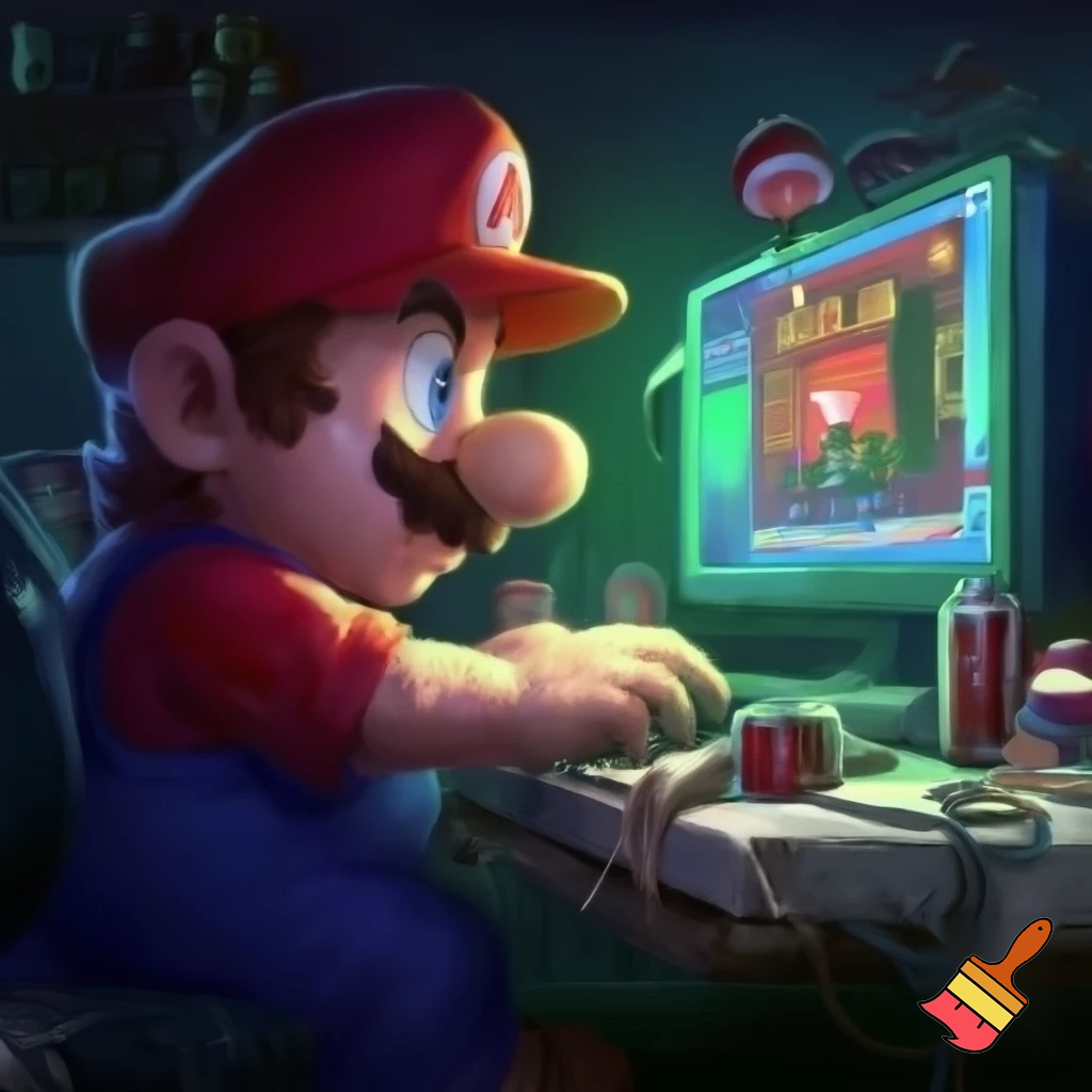 Mario playing five nights at Freddy's pizzeria simulator. He is at his desktop playing the game