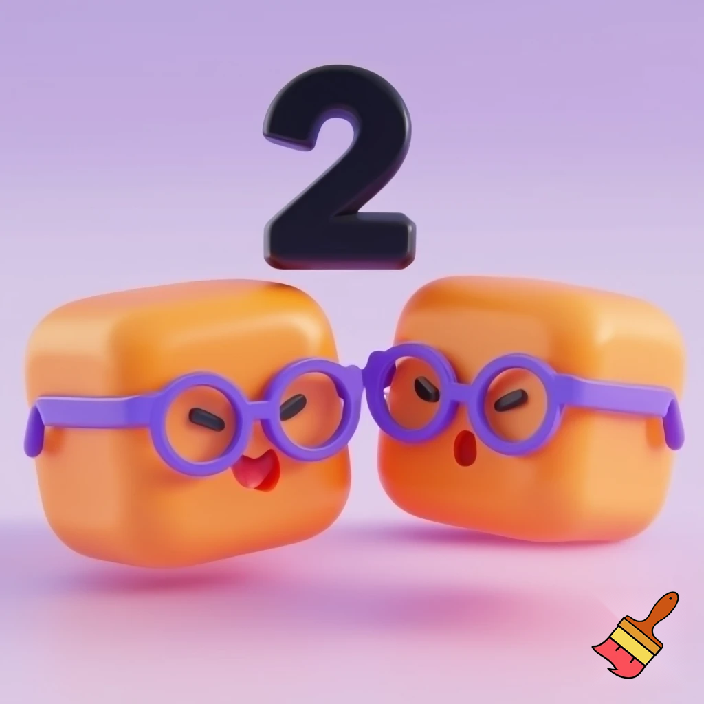 2 orange blocks with a face and a black number 2 above and wearing purple glasses