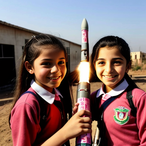 iranian elementary school girls holding a missile smiling