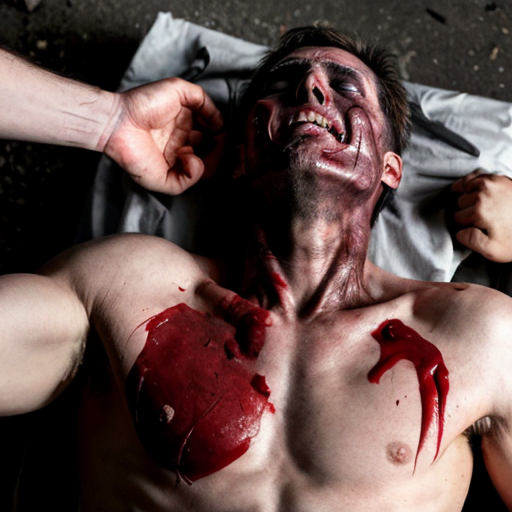 A corpse shirtless man, died, face are hiding by shirt with cut eye part (not eye human), eye closed, chest fully opened wounded circle on center, blood everywhere. Gibs and ribs (from chest bone) broken, organs piece by piece on outside.