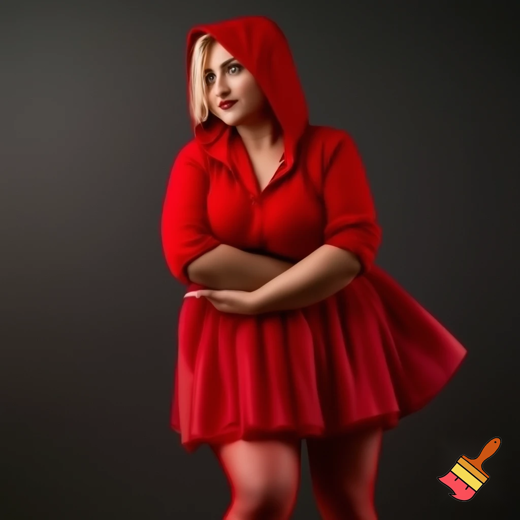 Elegant and curvy massive Little Red Riding Hood with miniskirt, transparent red pantyhose