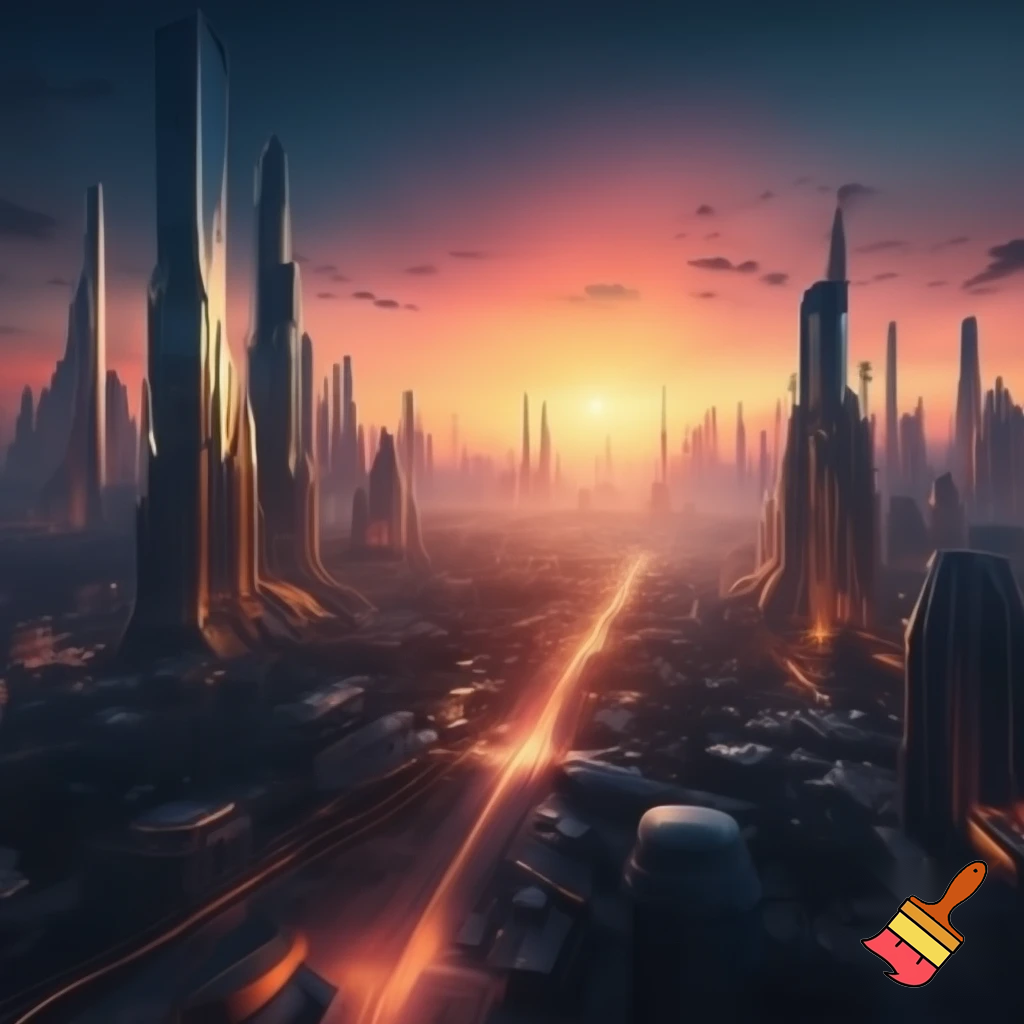 a futuristic cityscape at sunset, photorealistic