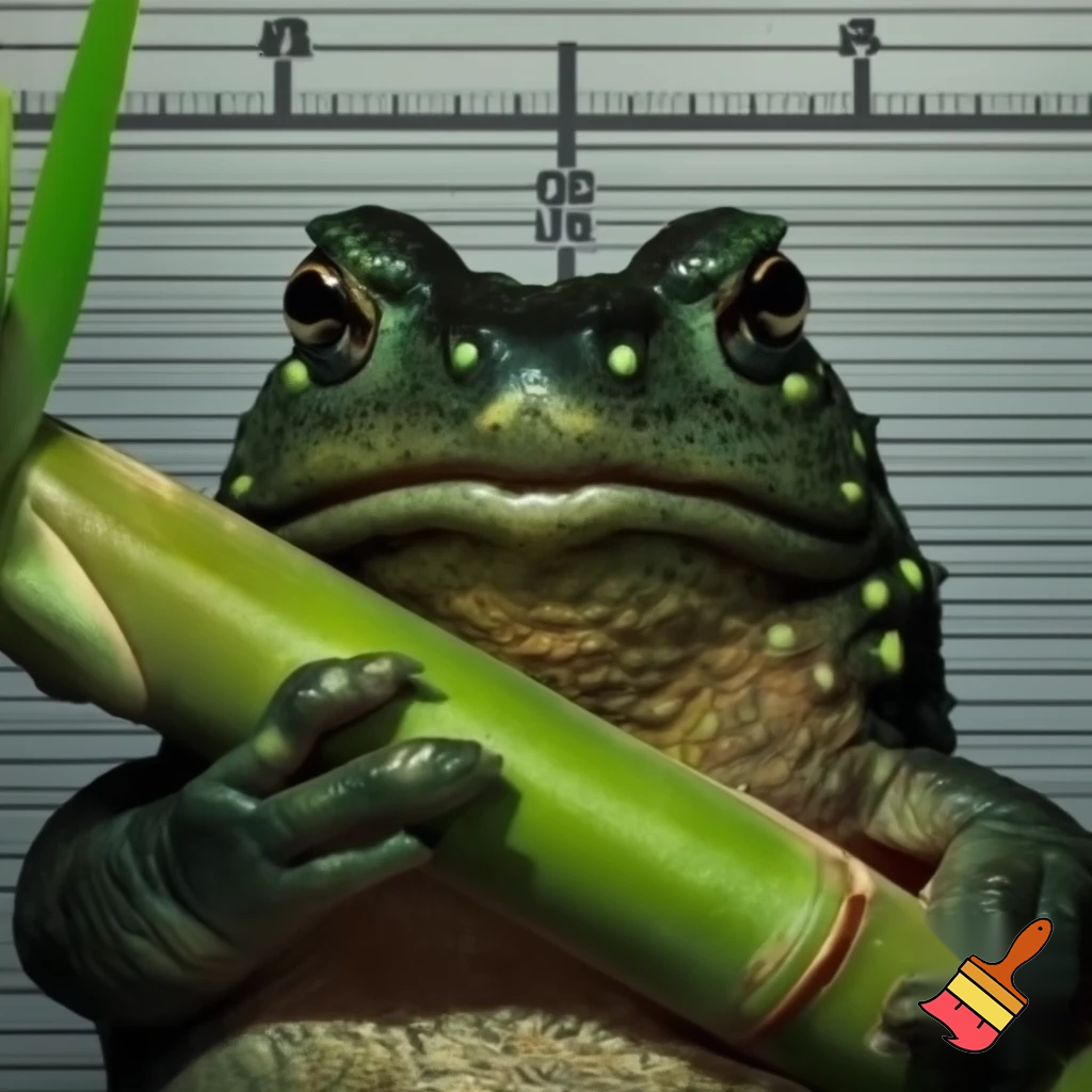 a toad with dark green skin and small little light green glands with a frown smoking sugercane plant with a short tophat in a mughshot 