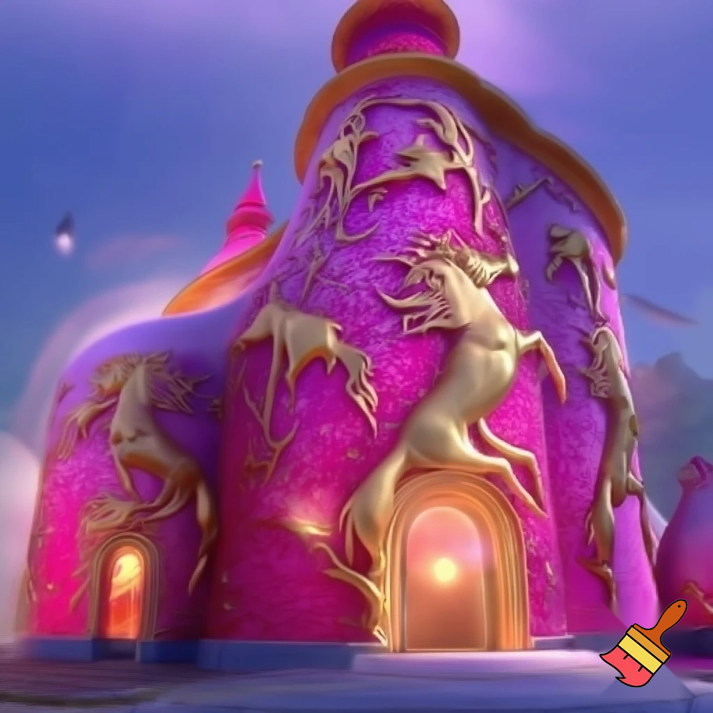building with walls painted bright pink and magenta with golden unicorn motifs 