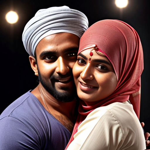 A Hindu Brahmin women in saree with slim muslim man wearing muslim cap Happy tight hug muslim black man 