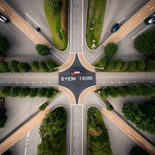 a road with a zebra crossing it one end in a suburban setting, symmetrical aerial view
