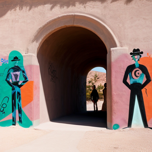 Put Graffiti in a desert arch onsisting of multiple abstract figures in Tanguy and Matisse style