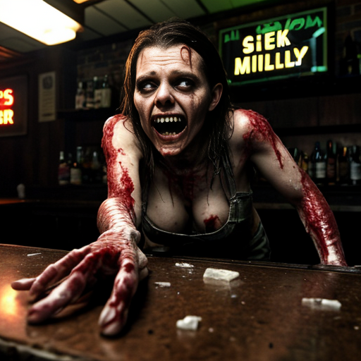 a dimly lit, smoke-choked dive bar plunged into chaos as rotting, Fulci-style zombies burst through the shattered front door and windows. Their decayed faces glisten with wet, stringy gore, eyeballs milky-white or dangling from sockets, as they lurch forward with grotesque hunger. A bartender’s head is halfway torn off, arterial spray arcing across the neon beer signs, while a patron screams mid-bite, intestines spilling from a zombie’s fist like wet rope. Glass shards and broken stools litter the sticky floor, now slick with blood and spilled liquor. One zombie’s jaw hangs by a tendon, its teeth buried in a biker’s neck as he futilely tries to shove it off, his fingers sinking into its putrid flesh. The lighting—sickly green and flickering—casts everything in a nightmarish glow, amplifying the visceral horror of entrails, shattered teeth, and the gleam of exposed bone