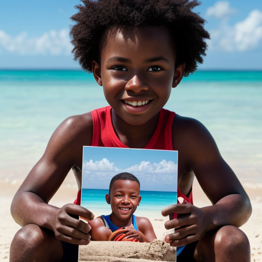 make a pic of black american son who seat on pog's island beach and put his name chriss on the pic.
