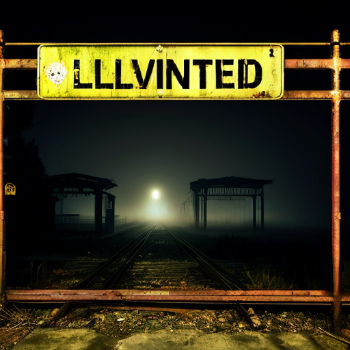 rusty gate of abandoned station, warning sign hanging crooked, night fog, horror mood