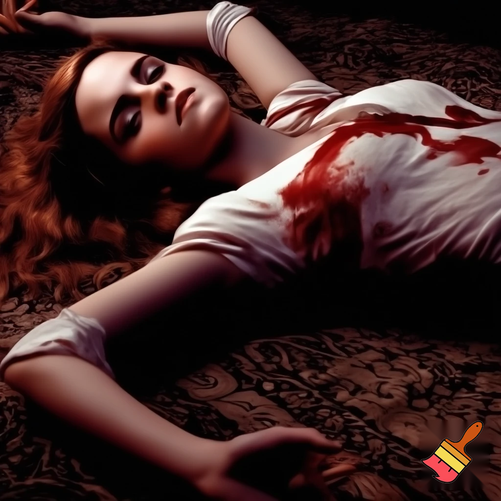 beauty Emma Watson as Hermione lay sprawled across the carpet, her petite body taut with the force of the bullet that had ripped through her tender left breast. Blood seeped from the neat entrance wound, staining her elegant white blouse a deep crimson. The fabric of her bra, a delicate lacy number, was visible as the shirt rode up to expose more of her pale skin.
Her legs were splayed, ankles crossed, in an unnatural pose that accentuated her curves. The way she'd fallen, face down, her long auburn hair fanned out like a halo over the floor. It was a strangely beautiful tableau, marred only by the dark stain growing larger between her shoulder blades, an omen of the brutal violence that had claimed her life.
Her face was turned to the side, the perfect porcelain complexion now marred by a look of shocked terror. Her eyes, those piercing hazel orbs that always seemed to hold a thousand thoughts and emotions, were wide open and staring, unseeing. The bridge of her elegant nose was a gruesome testament to the assassin's aim, a small neat hole, perfectly centered, a fatal kiss of steel and lead.
The eyes rolled slightly, the gaze slanting toward the bridge of the nose, as if Hermione's brain was trying to comprehend the unfathomable pain, the sudden cruel invasion of her body, the very seat of her being. The glassy stare was a mix of horror and defiance, a final and futile attempt to resist the inevitable, to will herself back to life, to transcend the cold embrace of death.
Her lips, usually pursed in concentration or curled in a wry smile, were parted in a silent scream, the pale column of her throat exposed, the delicate tendons and pulsing veins a stark reminder of life's fragility.
Every contour of Hermione's body was etched in death's chill, each detail amplified by the stark lighting and the cruel stillness of her pose. She looked impossibly lovely, even in the face of such terror and tragedy, a fleeting snapshot of a life brutally extinguished before its time. The escalating crimson stain on her white blouse was a grim reminder of the sacrifice she made, her elegant form now a macabre canvas for the evil that had unfolded.