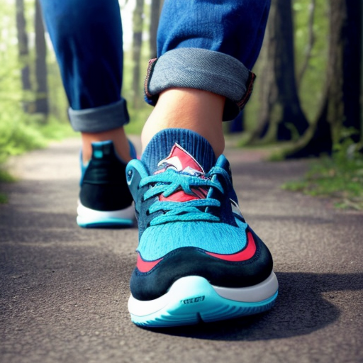 Make a shark with blue shoes on runing away into the woods fast the shark is wearing the shoes running